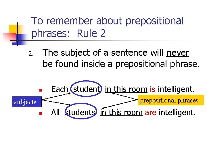 To remember about prepositional phrases: Rule 2 The subject of a sentence will never