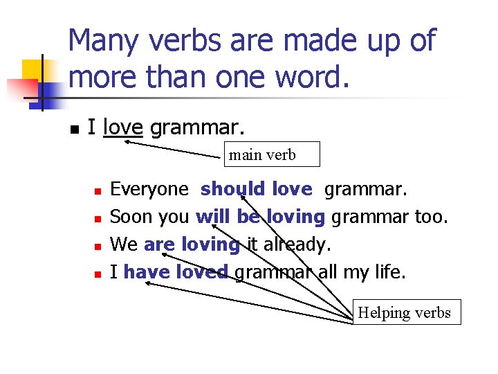 Many verbs are made up of more than one word. n I love grammar.