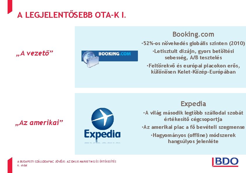 A LEGJELENTŐSEBB OTA-K I. Booking. com „A vezető” • 52%-os növekedés globális szinten (2010)