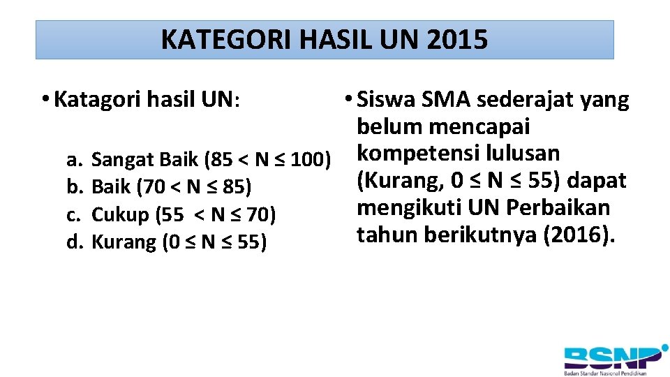 KATEGORI HASIL UN 2015 • Katagori hasil UN: • Siswa SMA sederajat yang belum