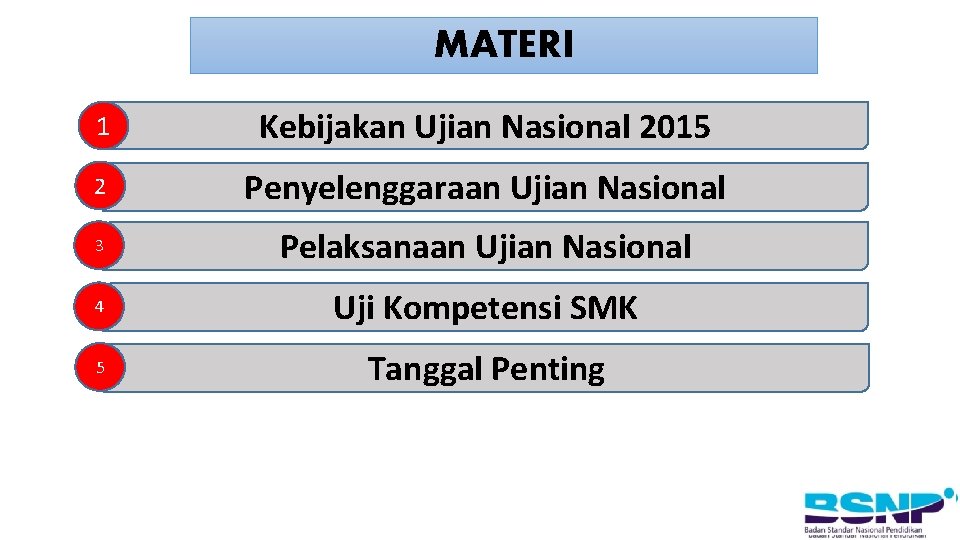 MATERI 1 Kebijakan Ujian Nasional 2015 2 Penyelenggaraan Ujian Nasional 3 Pelaksanaan Ujian Nasional