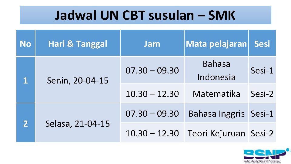 Jadwal UN CBT susulan – SMK No 1 2 Hari & Tanggal Senin, 20