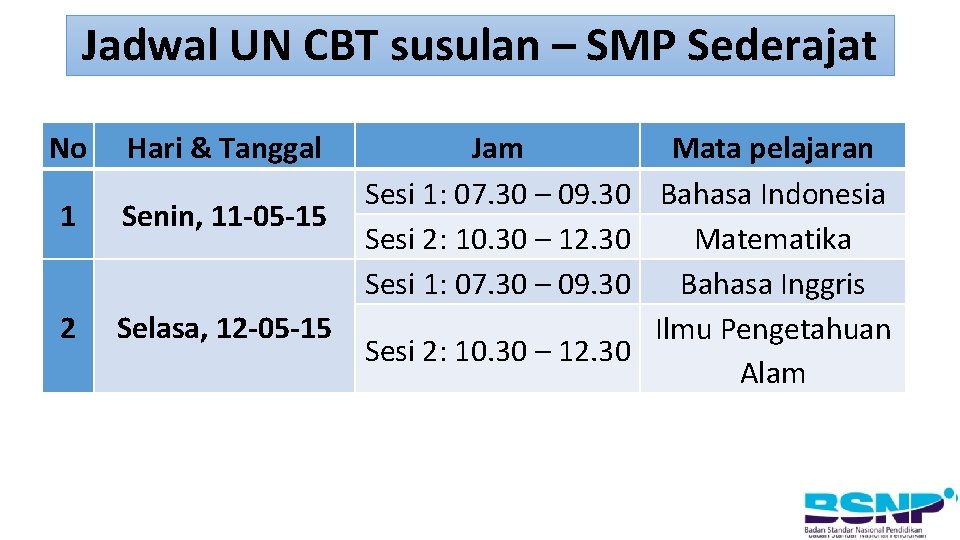 Jadwal UN CBT susulan – SMP Sederajat No Hari & Tanggal 1 Senin, 11