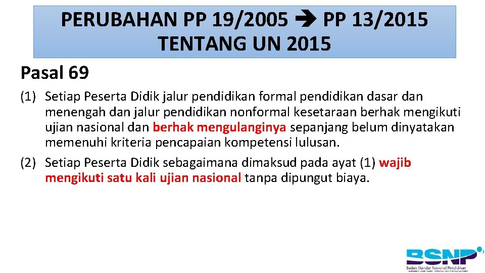 PERUBAHAN PP 19/2005 PP 13/2015 TENTANG UN 2015 Pasal 69 (1) Setiap Peserta Didik