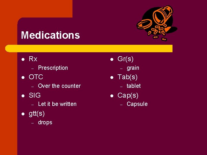 Medications l Rx – l Let it be written gtt(s) – drops Gr(s) –