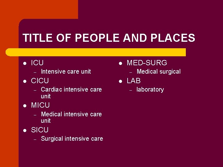 TITLE OF PEOPLE AND PLACES l ICU – l l Cardiac intensive care unit