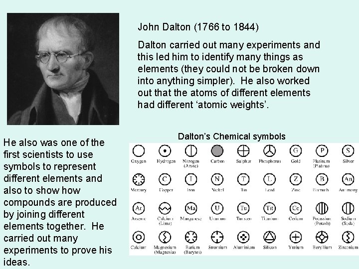 John Dalton (1766 to 1844) Dalton carried out many experiments and this led him
