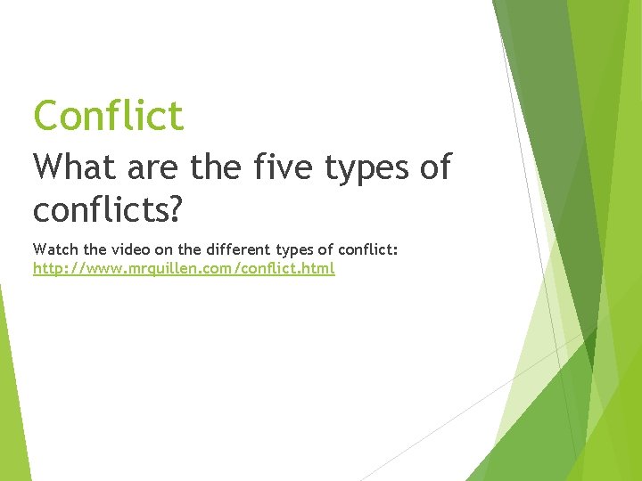 Conflict What are the five types of conflicts? Watch the video on the different
