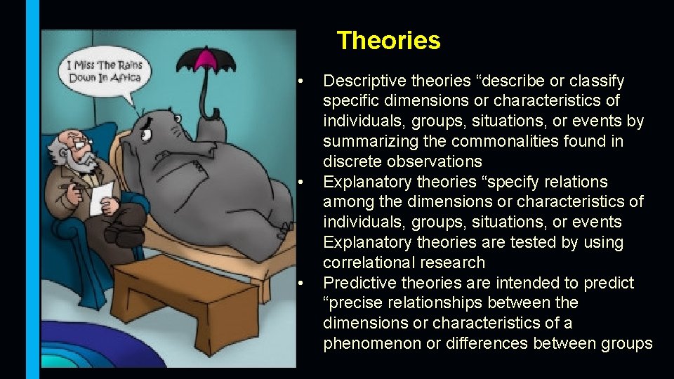 Theories • • • Descriptive theories “describe or classify specific dimensions or characteristics of
