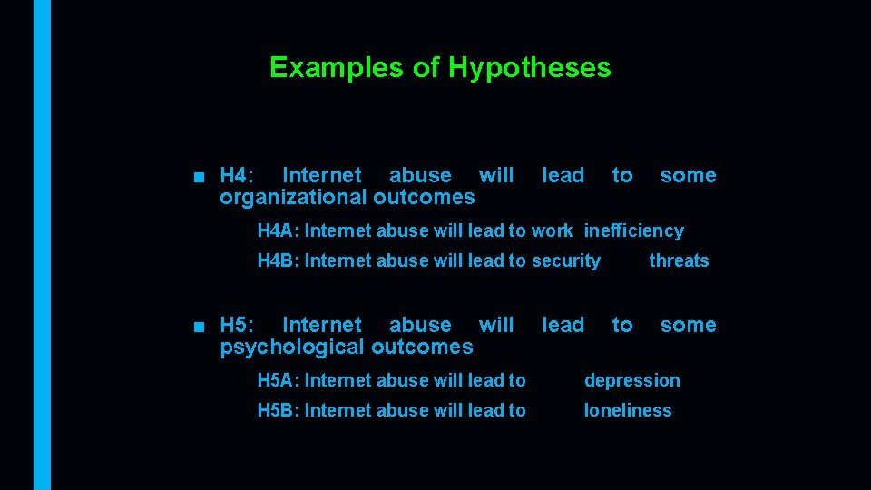 Examples of Hypotheses ■ H 4: Internet abuse will organizational outcomes lead to some