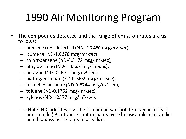 1990 Air Monitoring Program • The compounds detected and the range of emission rates