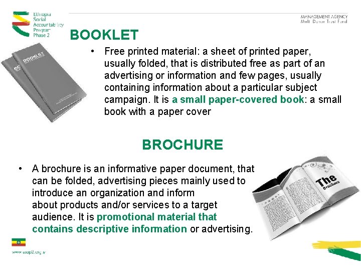 BOOKLET • Free printed material: a sheet of printed paper, usually folded, that is