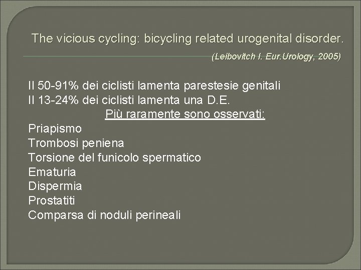 The vicious cycling: bicycling related urogenital disorder. (Leibovitch I. Eur. Urology, 2005) Il 50
