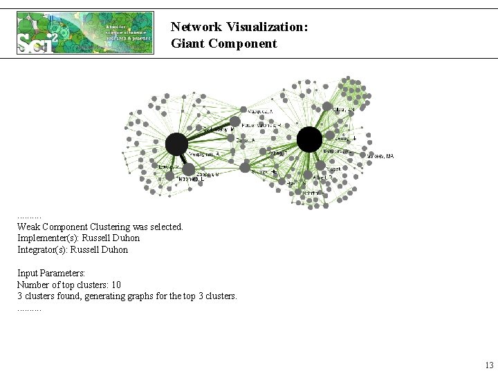 Network Visualization: Giant Component . . Weak Component Clustering was selected. Implementer(s): Russell Duhon Network Visualization: Giant Component . . Weak Component Clustering was selected. Implementer(s): Russell Duhon