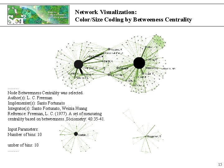 Network Visualization: Color/Size Coding by Betweeness Centrality . . Node Betweenness Centrality was selected. Network Visualization: Color/Size Coding by Betweeness Centrality . . Node Betweenness Centrality was selected.