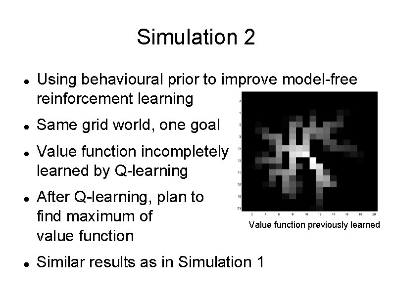 Simulation 2 Using behavioural prior to improve model-free reinforcement learning Same grid world, one