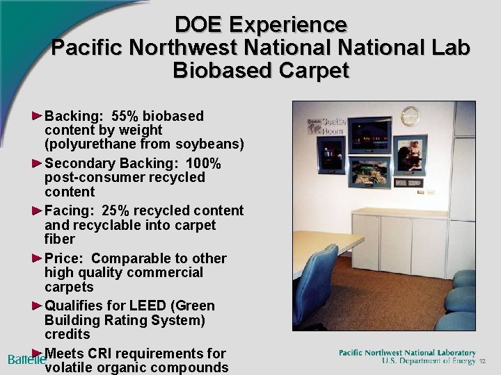 DOE Experience Pacific Northwest National Lab Biobased Carpet Backing: 55% biobased content by weight