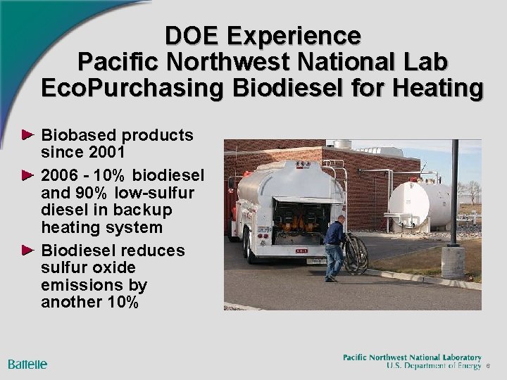 DOE Experience Pacific Northwest National Lab Eco. Purchasing Biodiesel for Heating Biobased products since