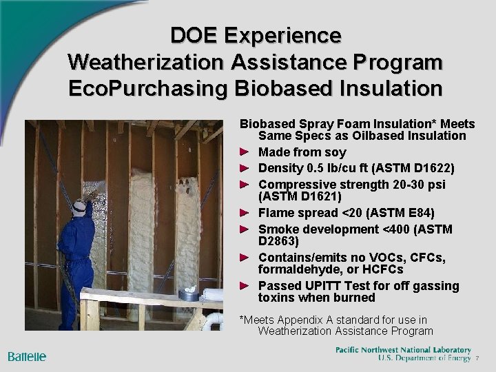 DOE Experience Weatherization Assistance Program Eco. Purchasing Biobased Insulation Biobased Spray Foam Insulation* Meets