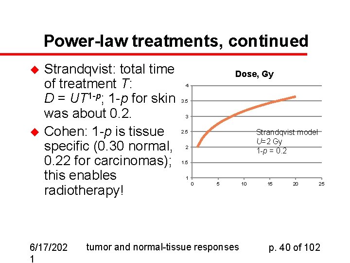 Power-law treatments, continued u u Strandqvist: total time of treatment T: D = UT
