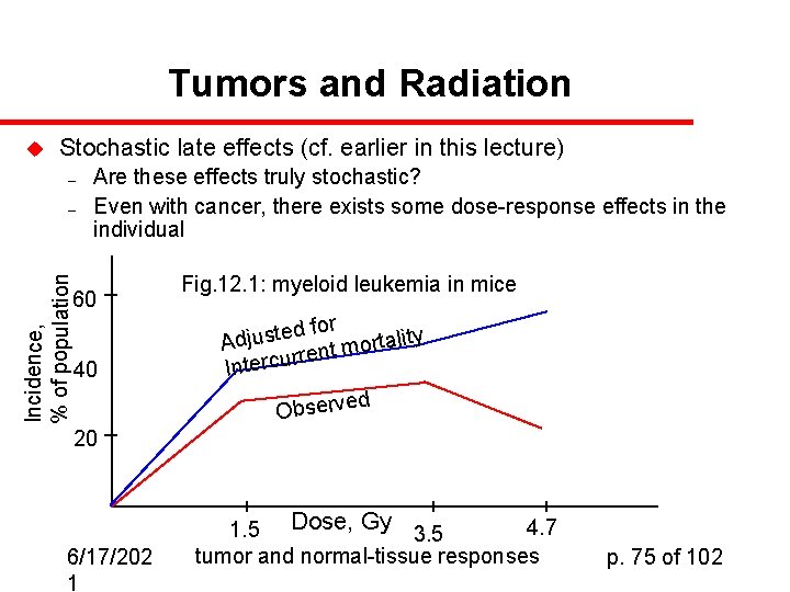 Tumors and Radiation u Stochastic late effects (cf. earlier in this lecture) – Incidence,