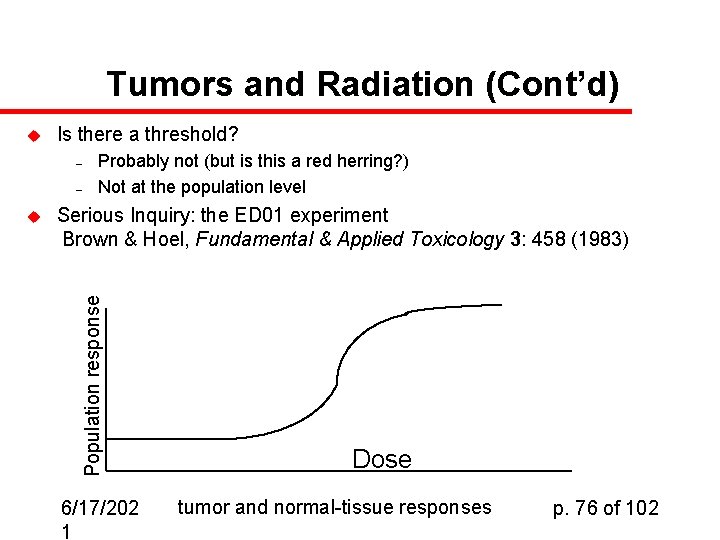 Tumors and Radiation (Cont’d) u Is there a threshold? – – Serious Inquiry: the