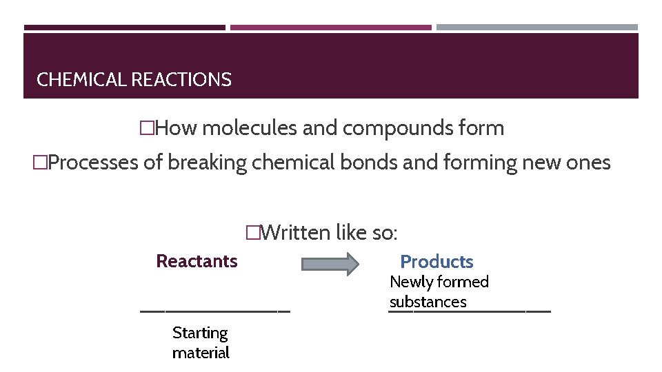 CHEMICAL REACTIONS �How molecules and compounds form �Processes of breaking chemical bonds and forming