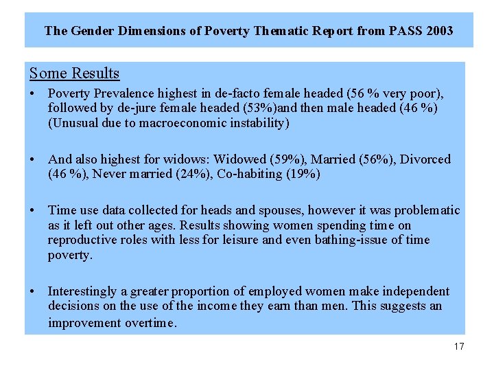 The Gender Dimensions of Poverty Thematic Report from PASS 2003 Some Results • Poverty