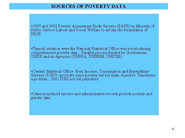 SOURCES OF POVERTY DATA • 1995 and 2003 Poverty Assessment Study Surveys (PASS) by