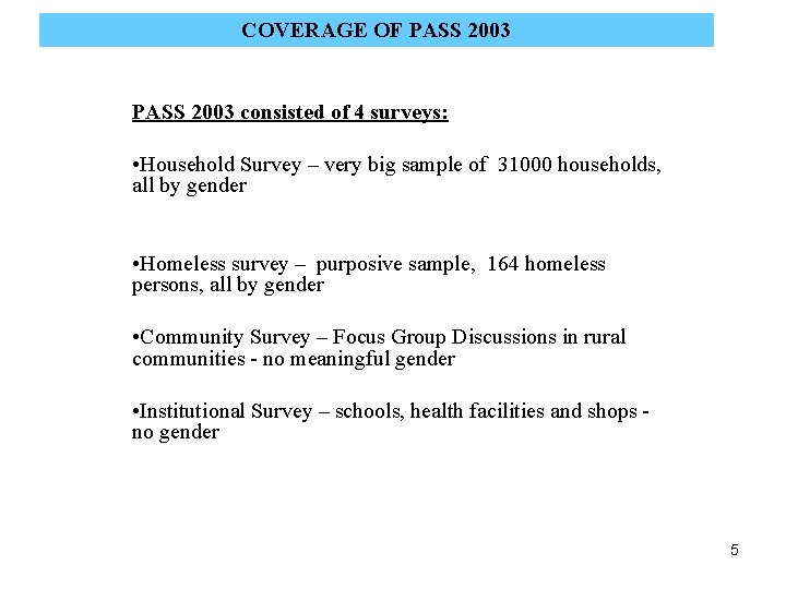 COVERAGE OF PASS 2003 consisted of 4 surveys: • Household Survey – very big