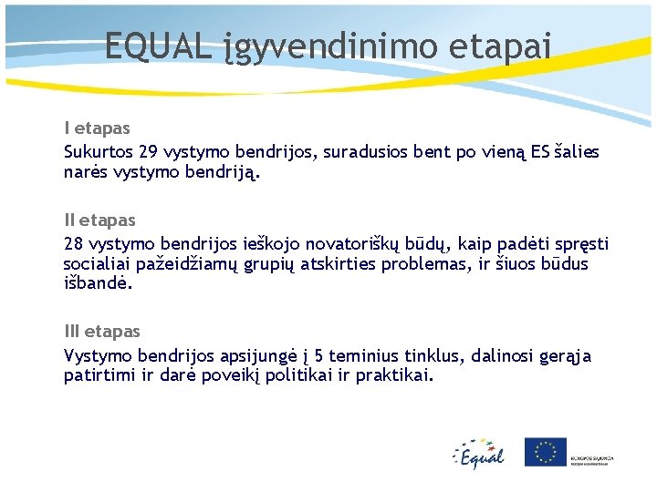 EQUAL įgyvendinimo etapai I etapas Sukurtos 29 vystymo bendrijos, suradusios bent po vieną ES