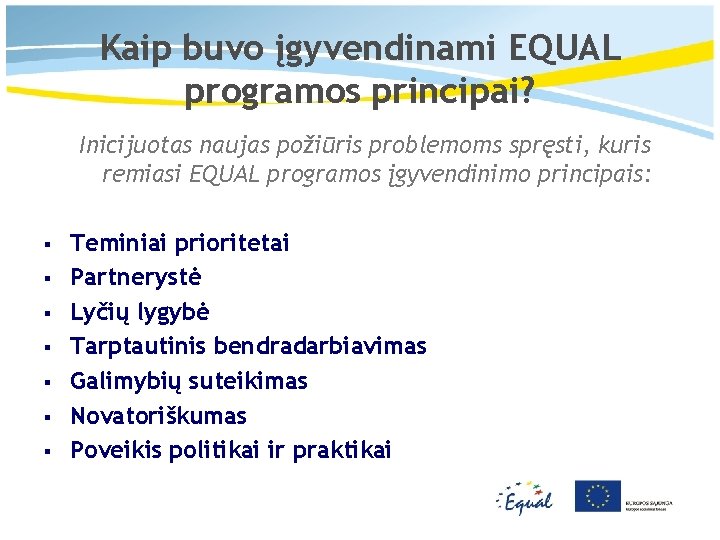 Kaip buvo įgyvendinami EQUAL programos principai? Inicijuotas naujas požiūris problemoms spręsti, kuris remiasi EQUAL