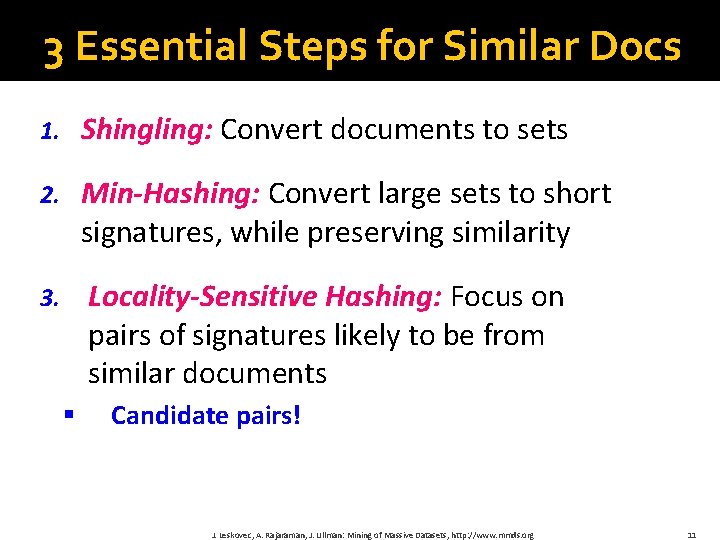3 Essential Steps for Similar Docs 1. Shingling: Convert documents to sets 2. Min-Hashing: