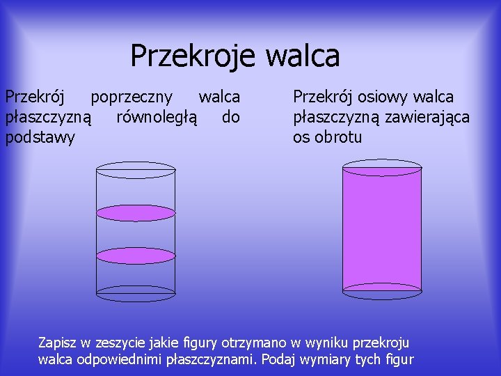 Przekroje walca Przekrój poprzeczny walca płaszczyzną równoległą do podstawy Przekrój osiowy walca płaszczyzną zawierająca