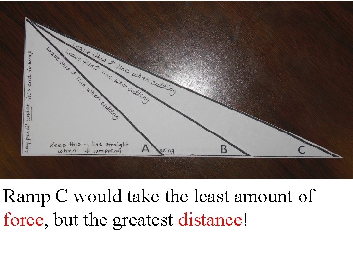 Ramp C would take the least amount of force, but the greatest distance! 