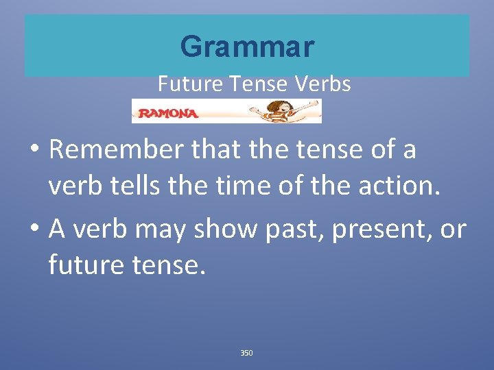 Grammar Future Tense Verbs • Remember that the tense of a verb tells the