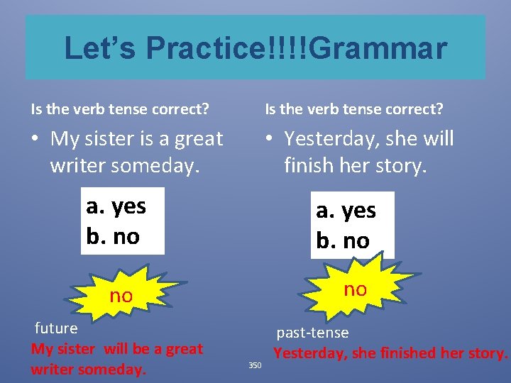 Let’s Practice!!!!Grammar Is the verb tense correct? • My sister is a great writer