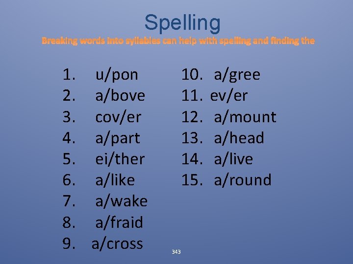 Spelling Breaking words into syllables can help with spelling and finding the 1. u/pon