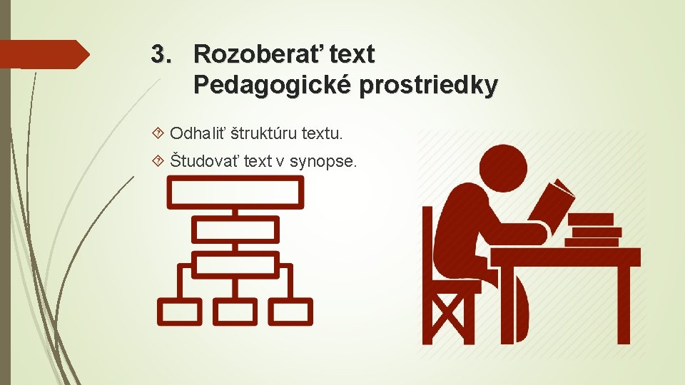 3. Rozoberať text Pedagogické prostriedky Odhaliť štruktúru textu. Študovať text v synopse. 