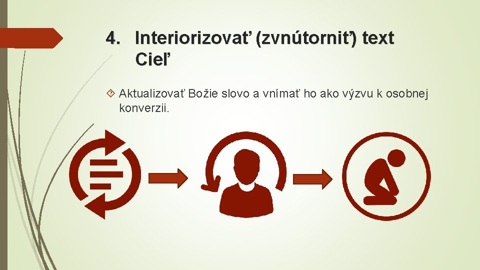 4. Interiorizovať (zvnútorniť) text Cieľ Aktualizovať Božie slovo a vnímať ho ako výzvu k