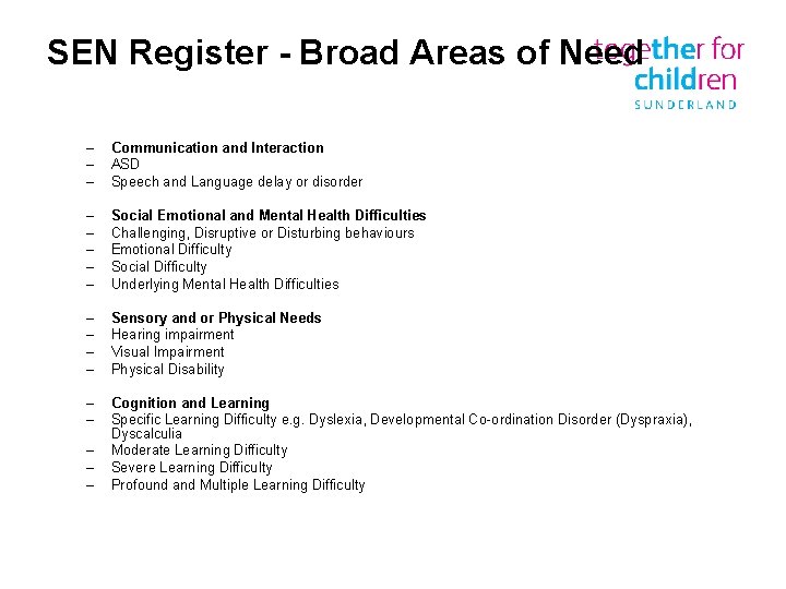 SEN Register - Broad Areas of Need – – – Communication and Interaction ASD