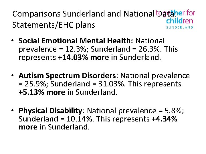 Comparisons Sunderland National Data: Statements/EHC plans • Social Emotional Mental Health: National prevalence =