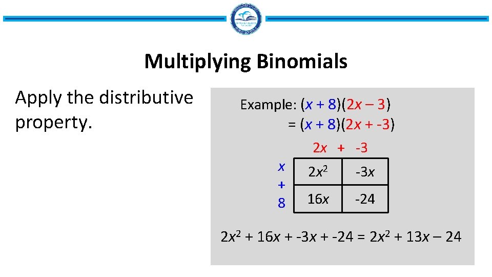 Multiplying Binomials Apply the distributive property. Example: (x + 8)(2 x – 3) =
