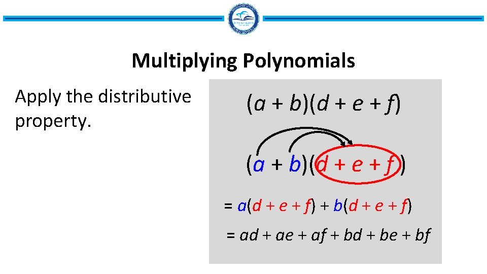 Multiplying Polynomials Apply the distributive property. (a + b)(d + e + f) (a