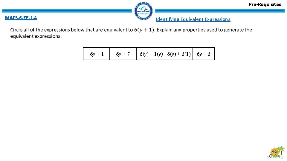 Pre-Requisites MAFS. 6. EE. 1. 4 Identifying Equivalent Expressions 6 y + 1 6