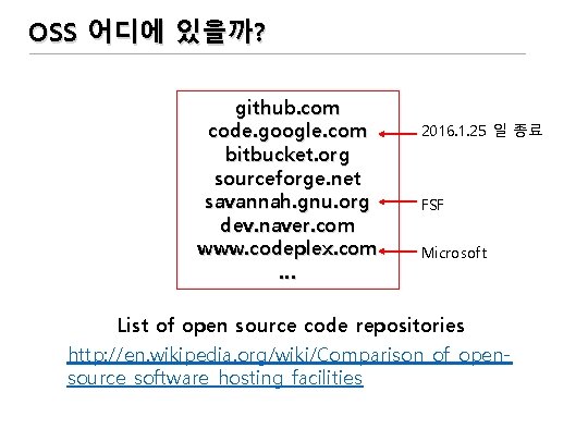 OSS 어디에 있을까? github. com code. google. com bitbucket. org sourceforge. net savannah. gnu.