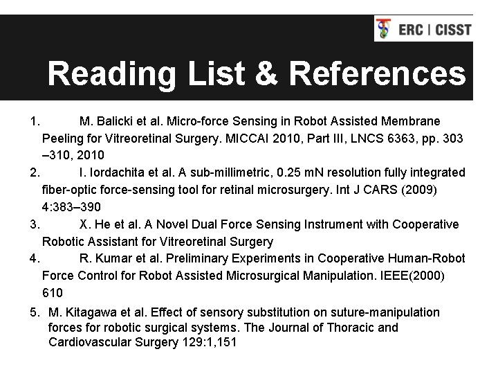 Reading List & References 1. M. Balicki et al. Micro-force Sensing in Robot Assisted