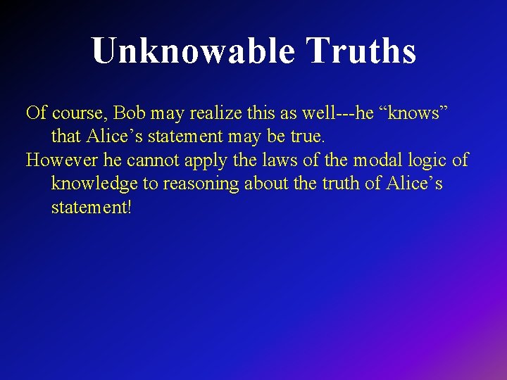 Unknowable Truths Of course, Bob may realize this as well---he “knows” that Alice’s statement