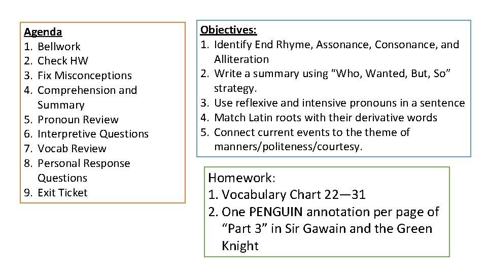 Agenda 1. Bellwork 2. Check HW 3. Fix Misconceptions 4. Comprehension and Summary 5.