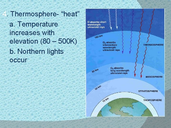 4. Thermosphere- “heat” a. Temperature increases with elevation (80 – 500 K) b. Northern